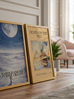 Harold and the Purple Crayon watercolour print framed by window – literary home decor