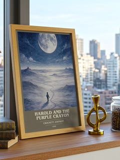 Harold and the Purple Crayon Book Cover Poster by Crockett Johnson – framed print on a city-view windowsill