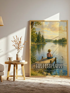The Little Fish That Got Away watercolour print in frame leaning in hallway – childrens wall art