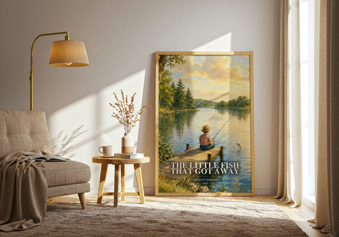 The Little Fish That Got Away watercolour print in frame leaning in hallway – childrens wall art