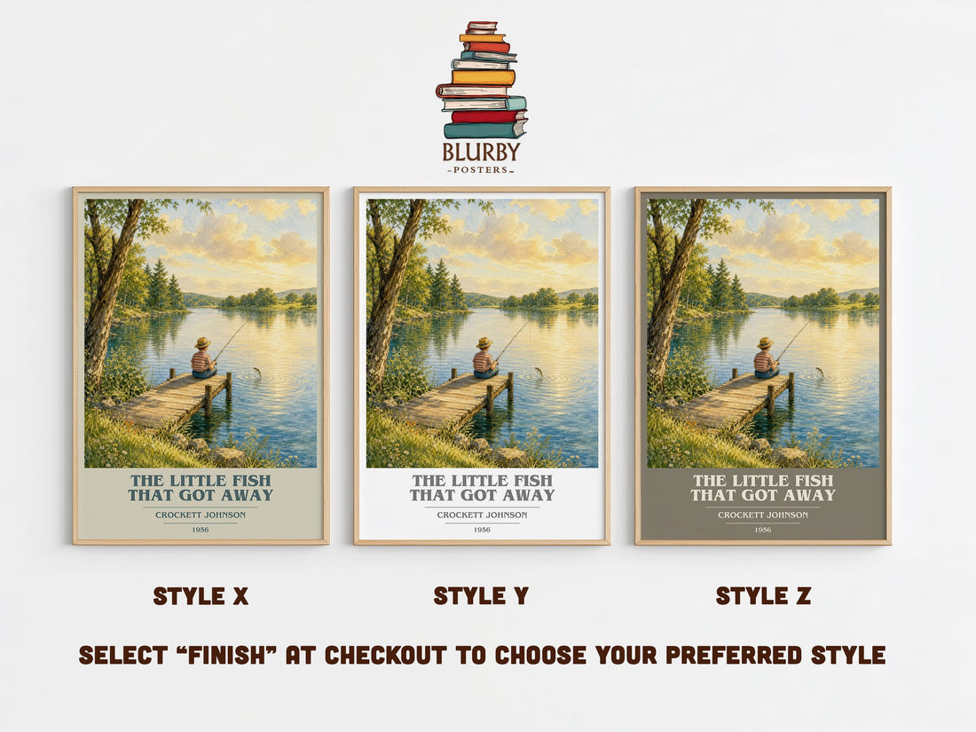 The Little Fish That Got Away book cover print in frame leaning in hallway – childrens wall art (mockup)