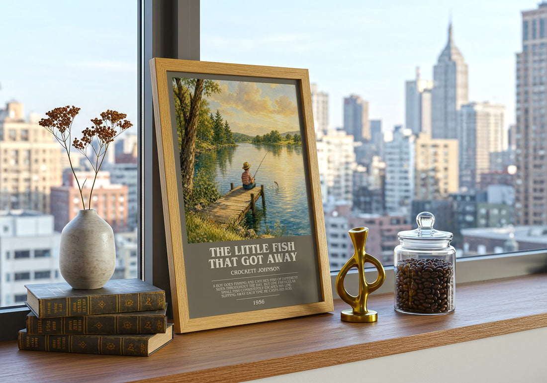 The Little Fish That Got Away bookish print framed by window – literary home decor