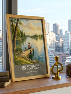 The Little Fish That Got Away book cover print framed by window – literary home decor