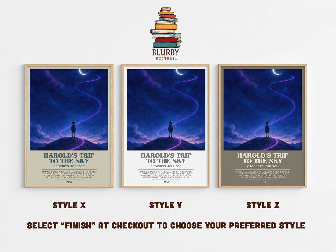 Harold's Trip to the Sky bookish print in frame leaning in hallway – childrens wall art (mockup)