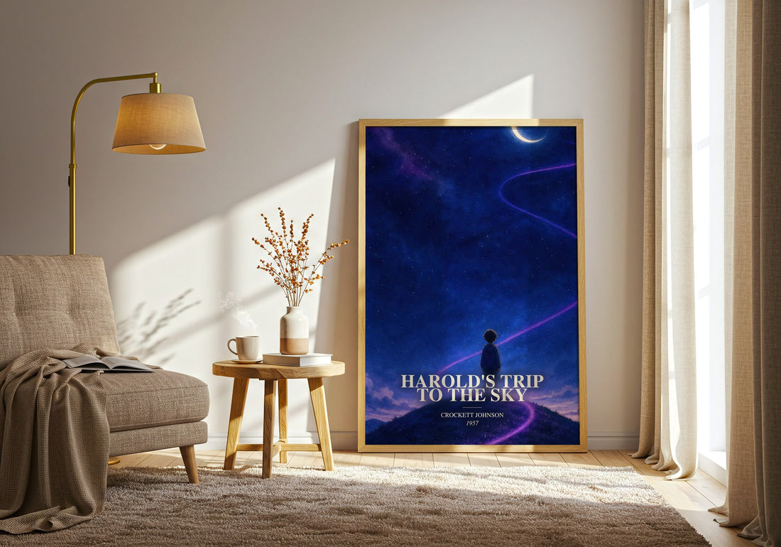 Harold's Trip to the Sky watercolour print in frame leaning in hallway – childrens wall art
