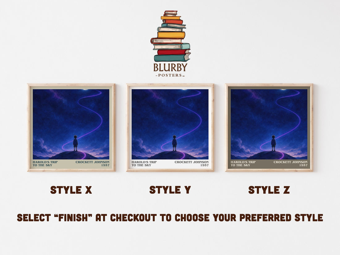 Harold's Trip to the Sky literary print in frame leaning in hallway – childrens wall art (mockup)