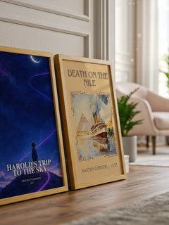 Harold's Trip to the Sky watercolour print framed by window – literary home decor