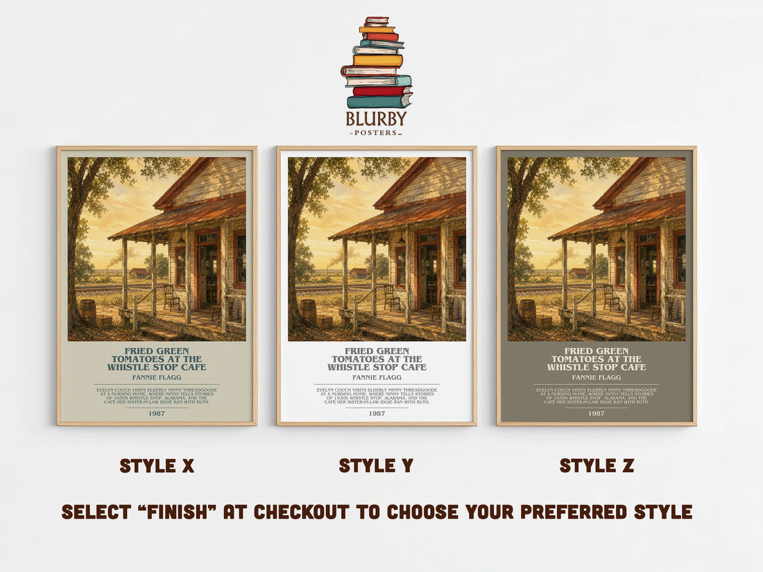 Fried Green Tomatoes at the Whistle Stop Cafe bookish print in frame leaning in hallway – contemporary fiction wall art (mockup)