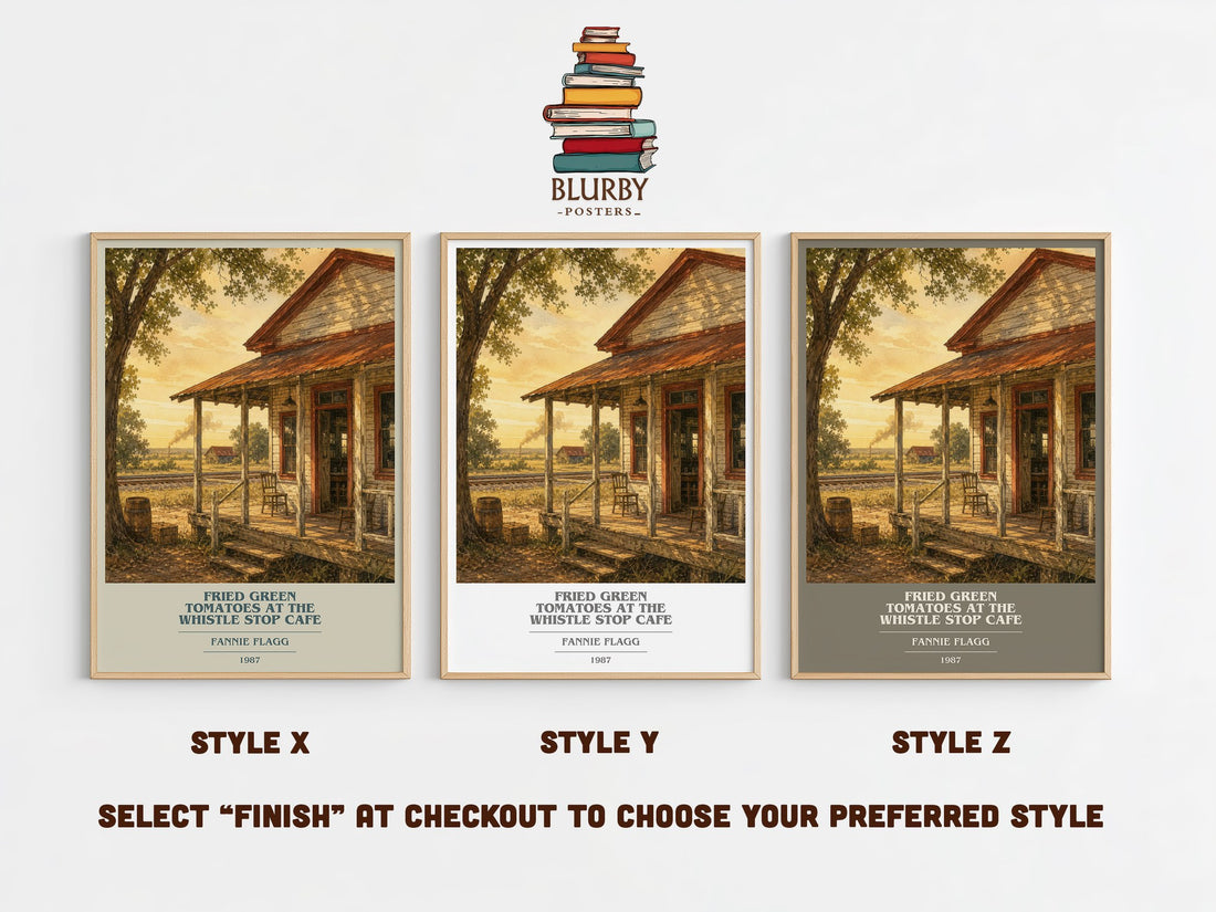 Fried Green Tomatoes at the Whistle Stop Cafe book cover print in frame leaning in hallway – contemporary fiction wall art (mockup)