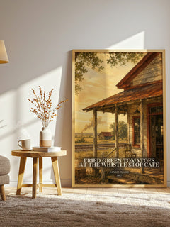 Fried Green Tomatoes at the Whistle Stop Cafe watercolour print in frame leaning in hallway – contemporary fiction wall art