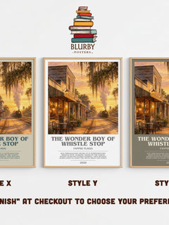 The Wonder Boy of Whistle Stop bookish print in frame leaning in hallway – contemporary fiction wall art