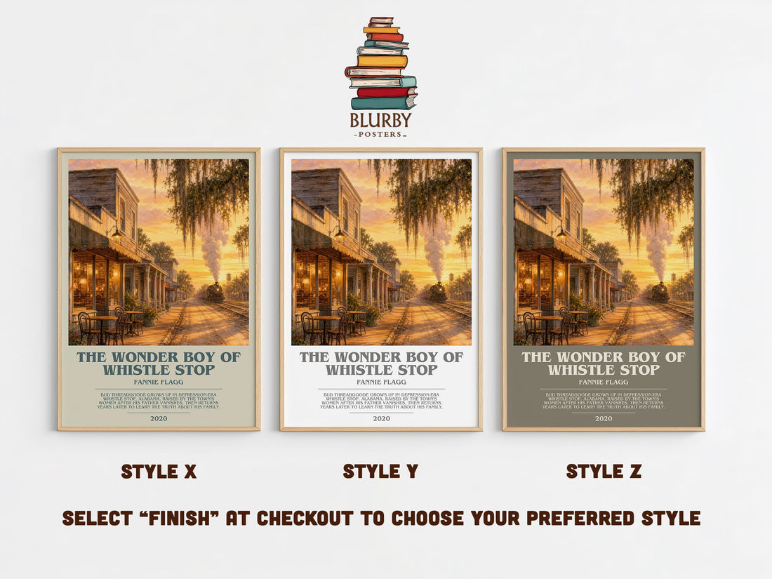 The Wonder Boy of Whistle Stop bookish print in frame leaning in hallway – contemporary fiction wall art (mockup)