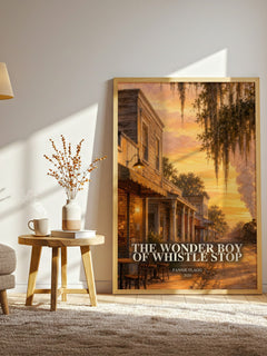 The Wonder Boy of Whistle Stop watercolour print in frame leaning in hallway – contemporary fiction wall art