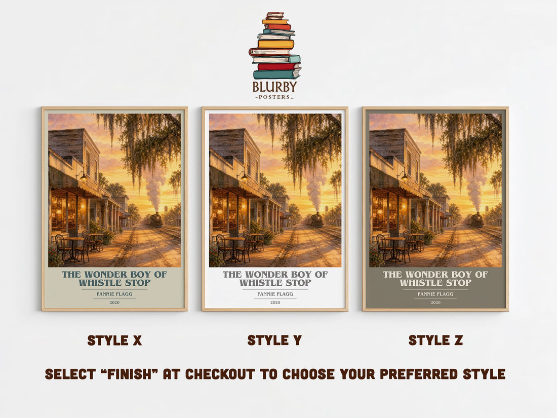 The Wonder Boy of Whistle Stop book cover print in frame leaning in hallway – contemporary fiction wall art (mockup)