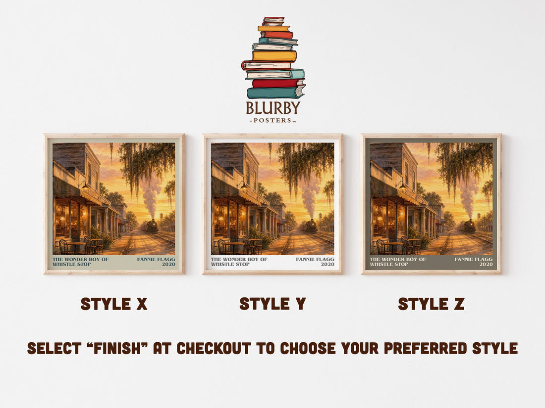 The Wonder Boy of Whistle Stop literary print in frame leaning in hallway – contemporary fiction wall art (mockup)