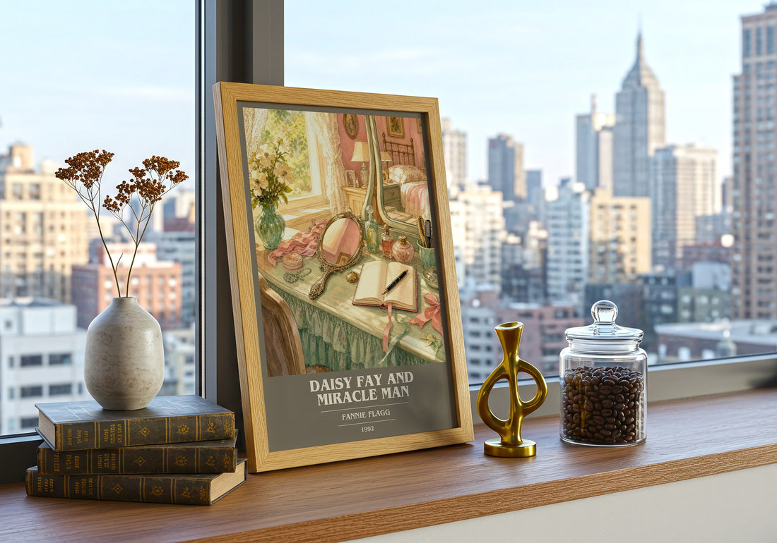 Daisy Fay and Miracle Man book cover print framed by window – literary home decor