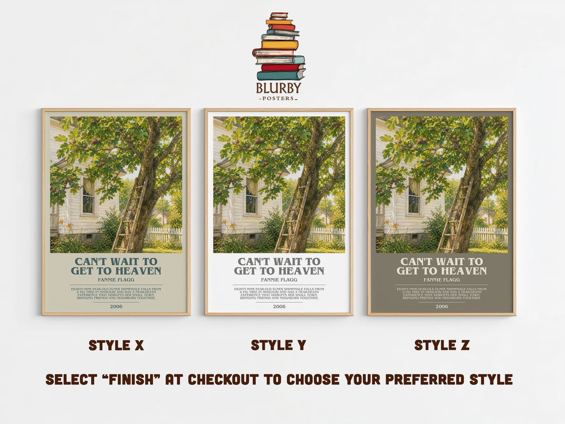 Can't Wait to Get to Heaven bookish print in frame leaning in hallway – contemporary fiction wall art (mockup)