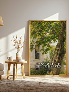 Can't Wait to Get to Heaven watercolour print in frame leaning in hallway – contemporary fiction wall art