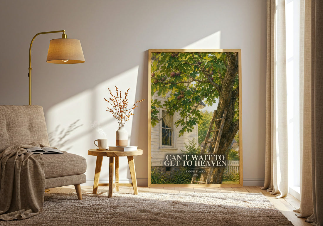 Can't Wait to Get to Heaven watercolour print in frame leaning in hallway – contemporary fiction wall art