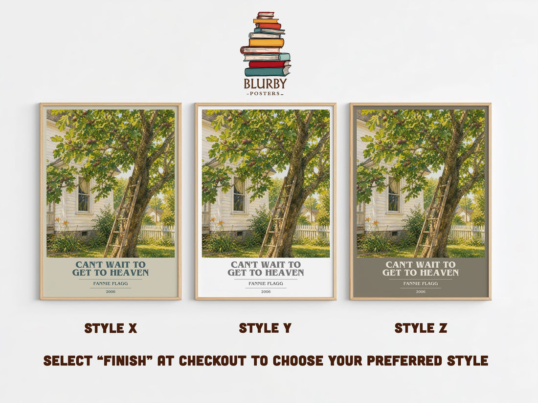 Can't Wait to Get to Heaven book cover print in frame leaning in hallway – contemporary fiction wall art (mockup)