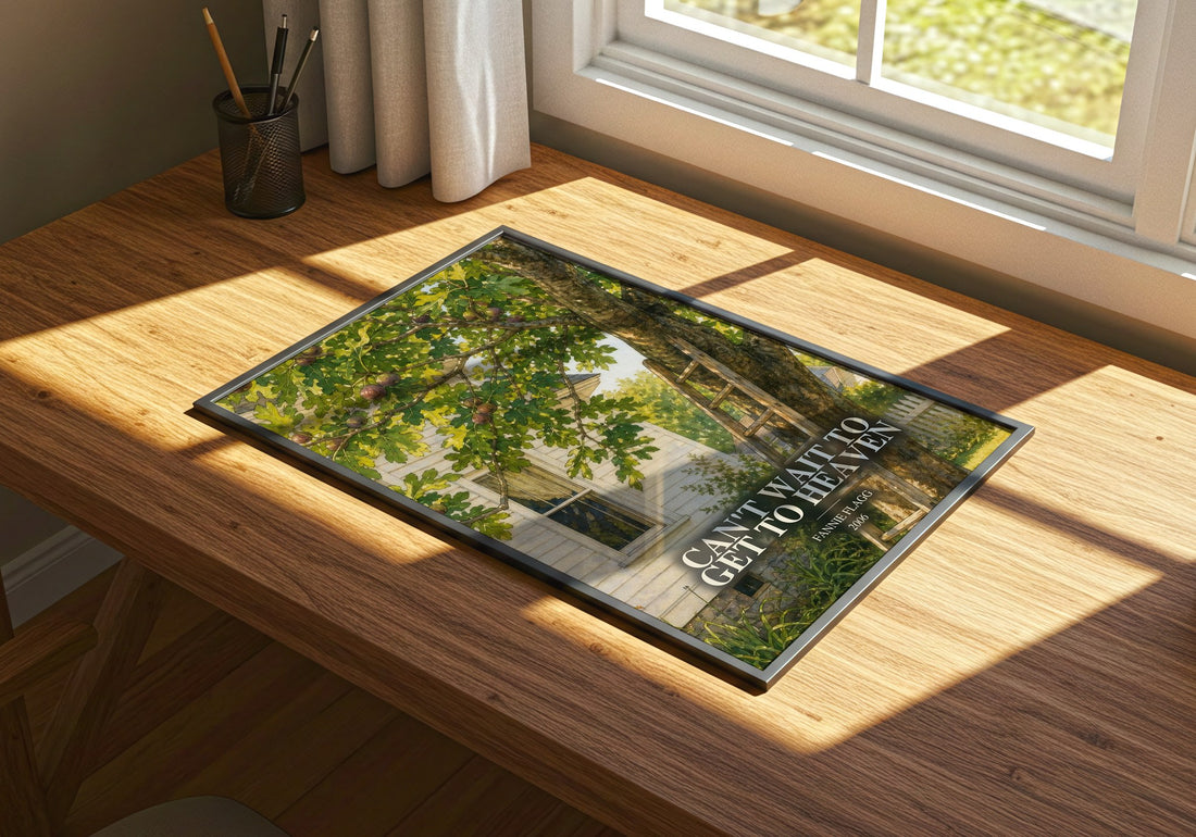 Can't Wait to Get to Heaven watercolour book poster framed on wall – contemporary fiction wall art