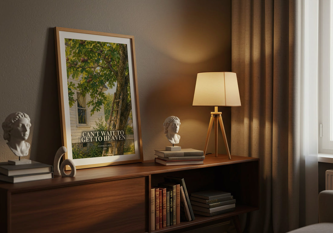 Can't Wait to Get to Heaven watercolour print on bookshelf – Fannie Flagg fan gift