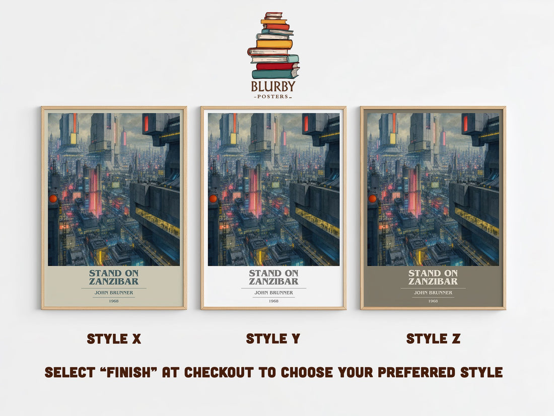 Stand on Zanzibar book cover print in frame leaning in hallway – sci fi wall art (mockup)