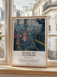 Stand on Zanzibar Bookish Wall Art by John Brunner – framed print by a bright window