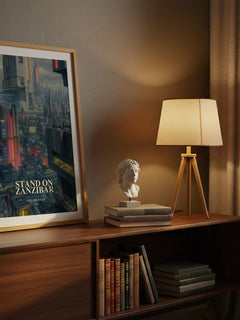 Stand on Zanzibar watercolour print on bookshelf – John Brunner fan gift