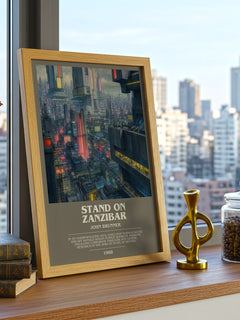 Stand on Zanzibar Bookish Wall Art by John Brunner – framed print on a city-view windowsill