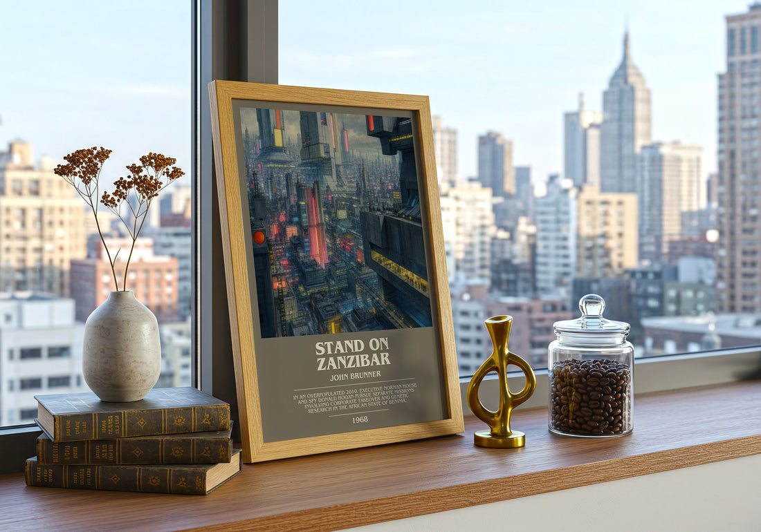 Stand on Zanzibar Bookish Wall Art by John Brunner – framed print on a city-view windowsill