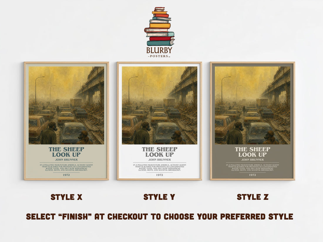 The Sheep Look Up bookish print in frame leaning in hallway – sci fi wall art (mockup)