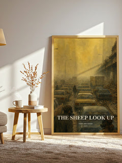 The Sheep Look Up watercolour print in frame leaning in hallway – sci fi wall art