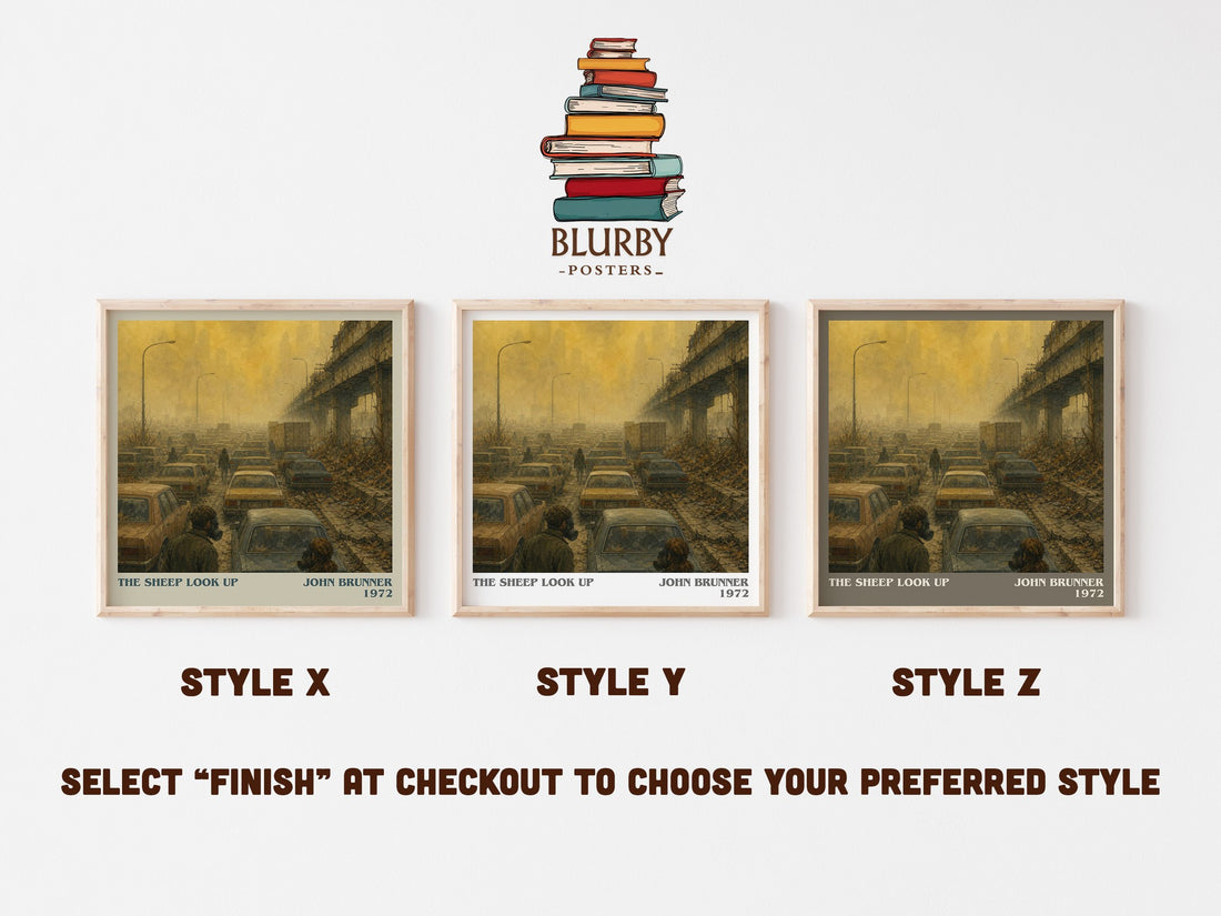 The Sheep Look Up literary print in frame leaning in hallway – sci fi wall art (mockup)