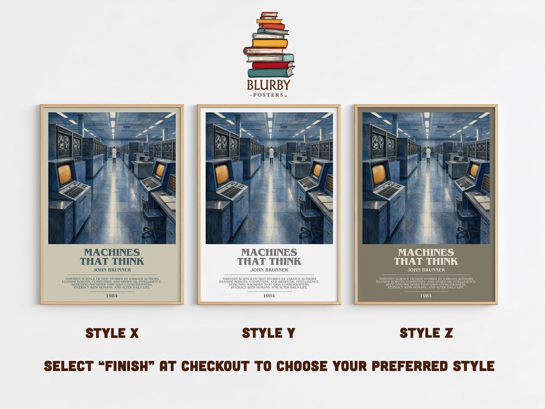Machines That Think bookish print in frame leaning in hallway – sci fi wall art (mockup)
