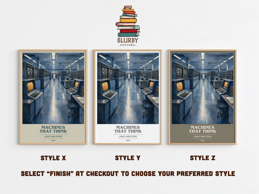 Machines That Think book cover print in frame leaning in hallway – sci fi wall art (mockup)