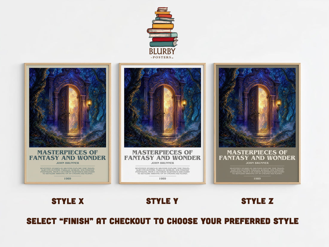 Masterpieces of Fantasy and Wonder bookish print in frame leaning in hallway – sci fi wall art (mockup)