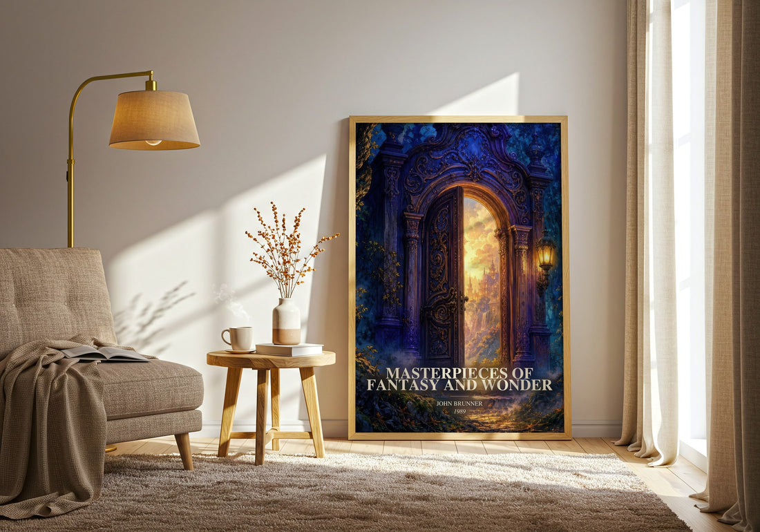 Masterpieces of Fantasy and Wonder watercolour print in frame leaning in hallway – sci fi wall art