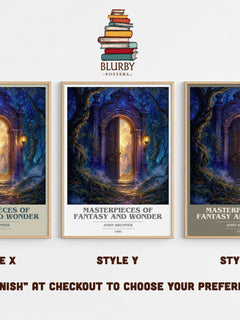 Masterpieces of Fantasy and Wonder book cover print in frame leaning in hallway – sci fi wall art
