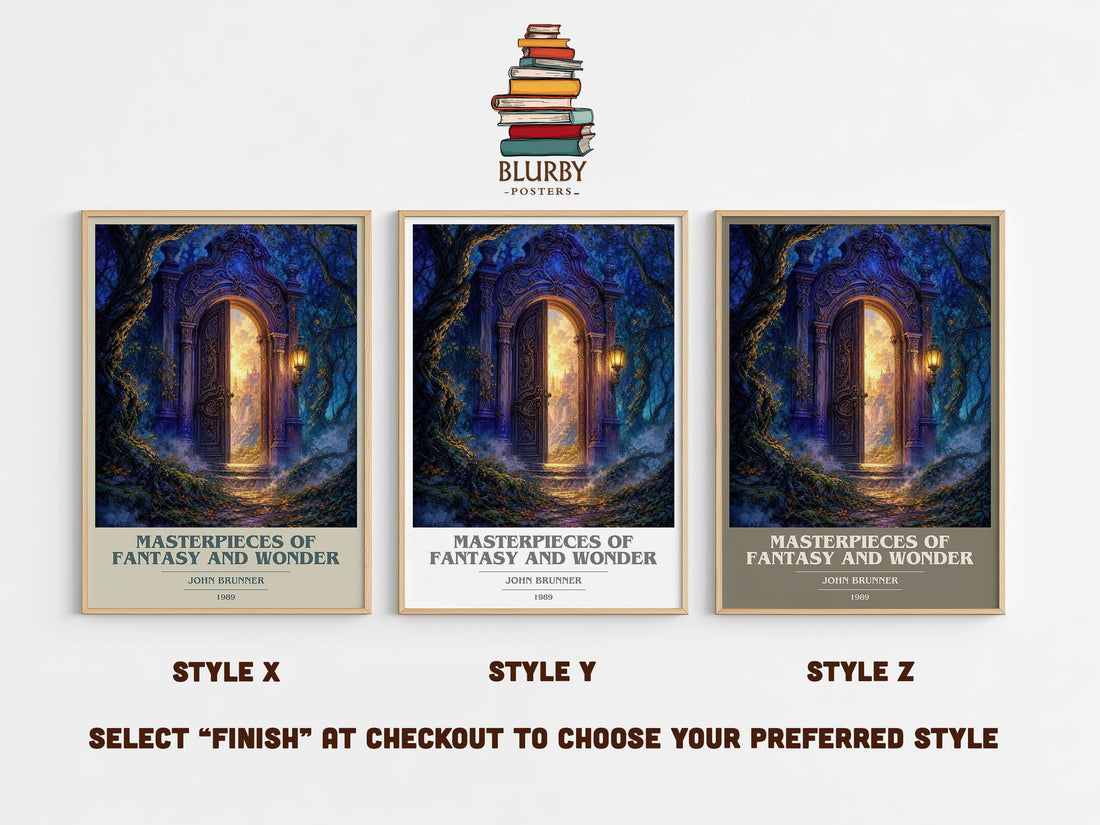 Masterpieces of Fantasy and Wonder book cover print in frame leaning in hallway – sci fi wall art (mockup)