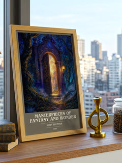 Masterpieces of Fantasy and Wonder book cover print framed by window – literary home decor