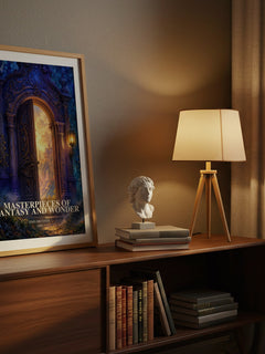 Masterpieces of Fantasy and Wonder watercolour print on bookshelf – John Brunner fan gift