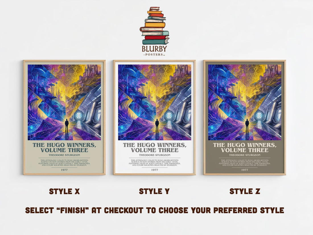 The Hugo Winners, Volume Three bookish print in frame leaning in hallway – sci fi wall art (mockup)