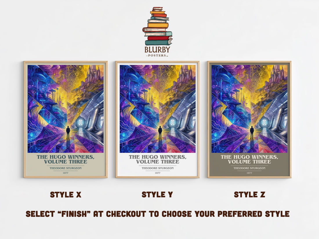 The Hugo Winners, Volume Three book cover print in frame leaning in hallway – sci fi wall art (mockup)