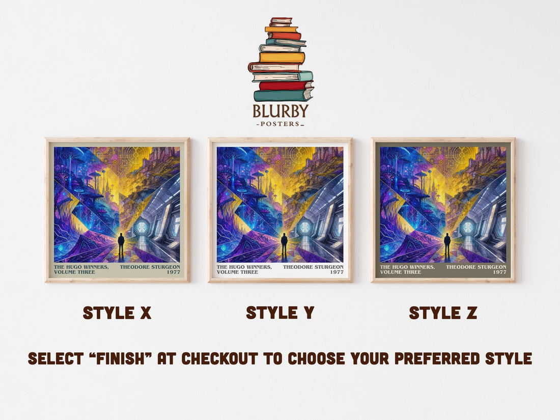 The Hugo Winners, Volume Three literary print in frame leaning in hallway – sci fi wall art (mockup)