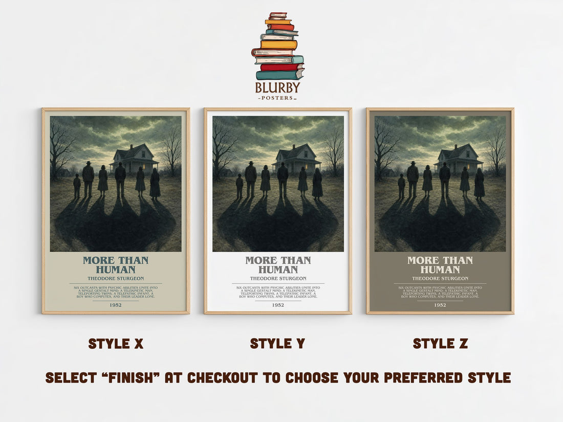 More Than Human bookish print in frame leaning in hallway – sci fi wall art (mockup)