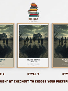 More Than Human book cover print in frame leaning in hallway – sci fi wall art