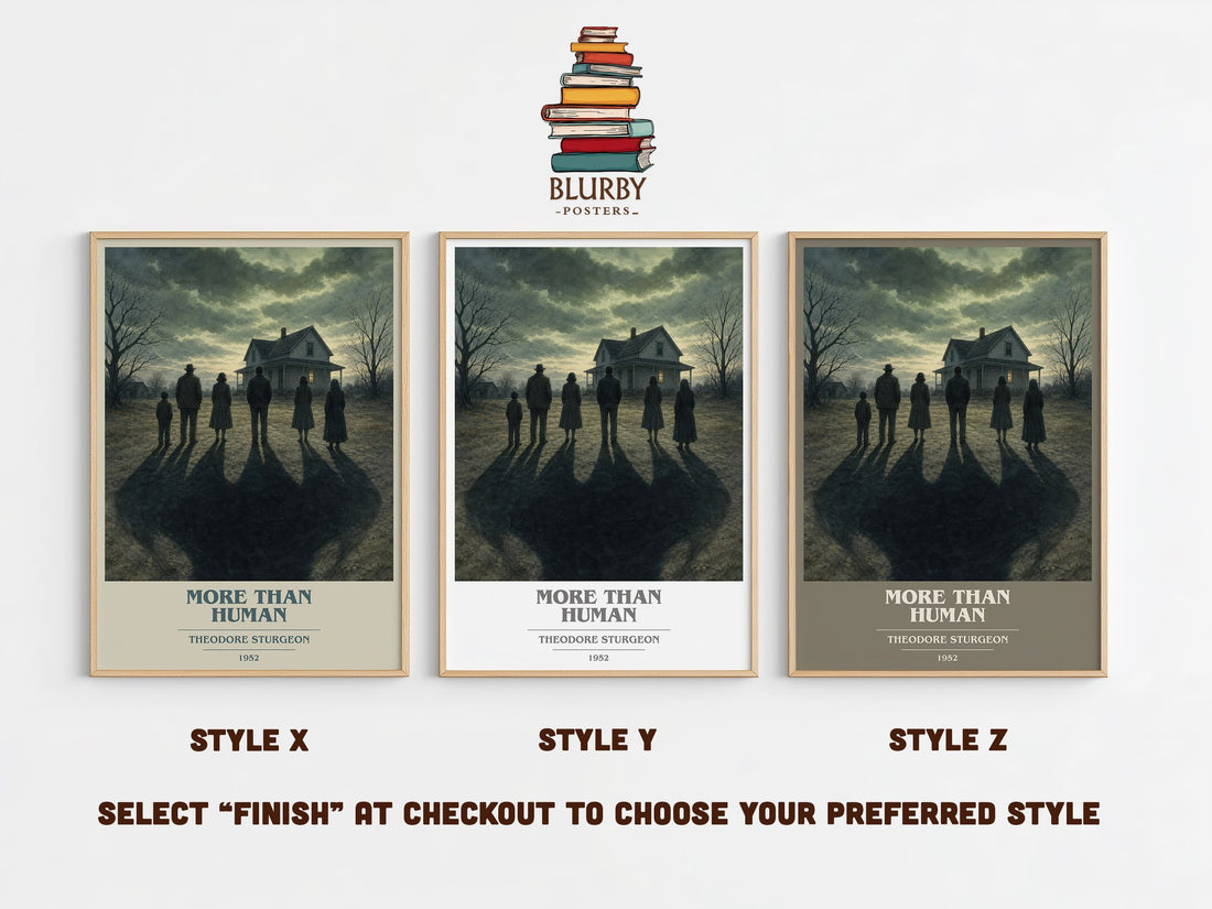 More Than Human book cover print in frame leaning in hallway – sci fi wall art (mockup)