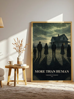 More Than Human watercolour print in frame leaning in hallway – sci fi wall art