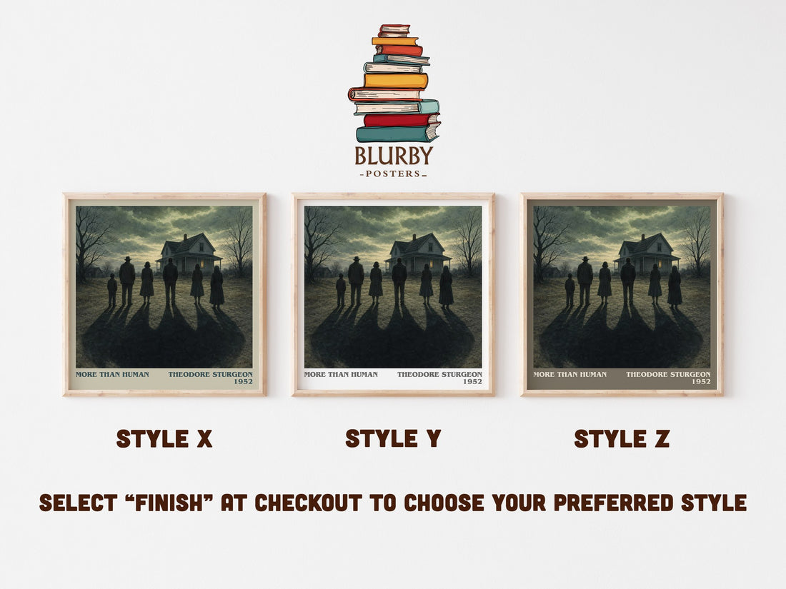 More Than Human literary print in frame leaning in hallway – sci fi wall art (mockup)